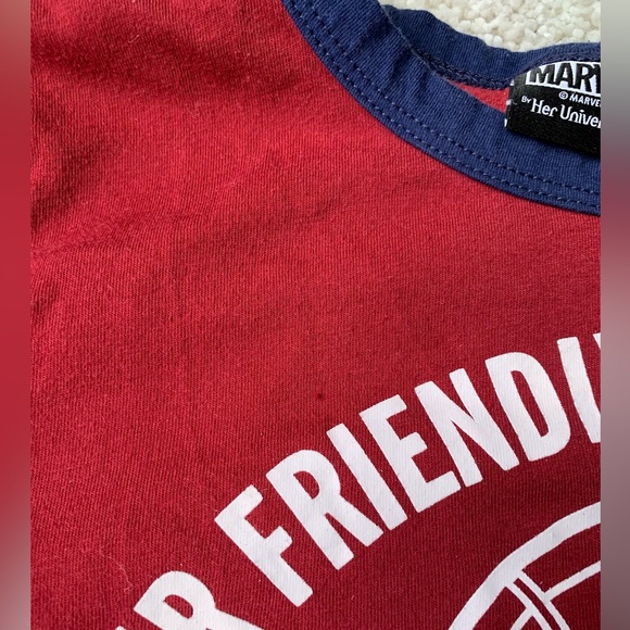 🎆🎇3for$9 Women’s Marvel Spider-Man t shirt; maroon with navy trim: size M - Picture 2 of 4